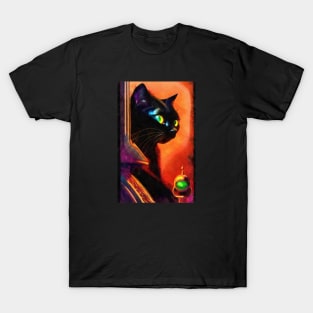 Curious black cat with big yellow eyes T-Shirt